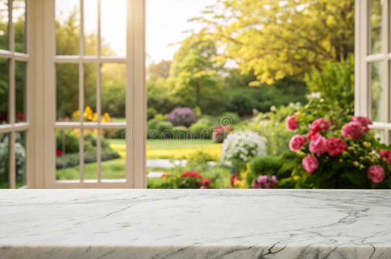 Cima di marmo di una grande finestra sfocata e giardino e fiori freschi illustrazione di stock
