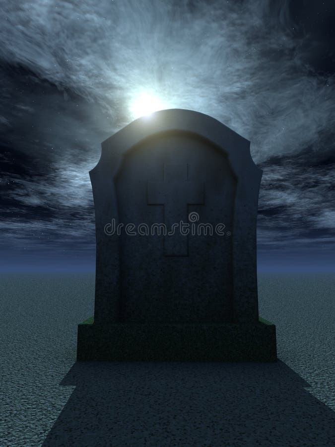 Gravestone with christian cross at night - 3d illustration. Gravestone with christian cross at night - 3d illustration