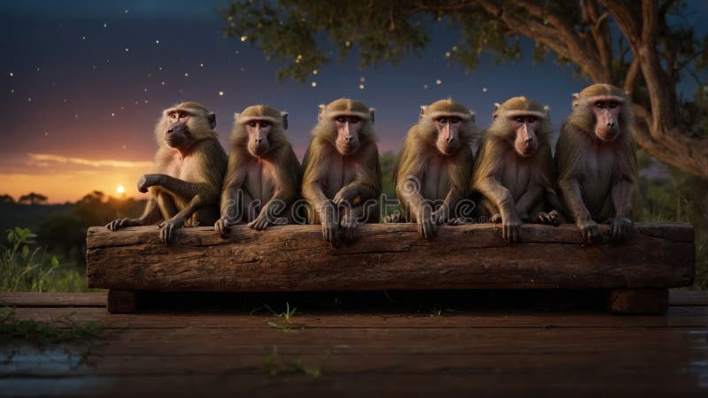Cinci Babuini Așezați pe un Trunchi la Apus, Fauna Sălbatică Africană royalty free illustration