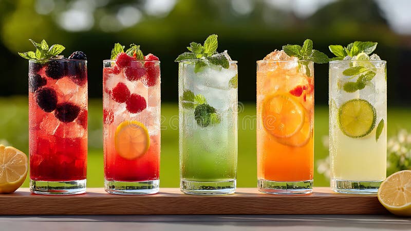 Cinci cocktailuri colorate în pahare înalte, fiecare împodobită cu menta proaspătă. Primul vector illustration