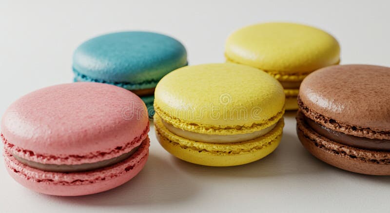 Cinci macaroane colorate sunt aranjate pe o suprafață albă. Fiecare macaron are un stock illustration