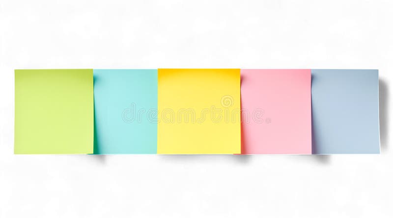 Cinci note colorate lipicioase aranjate orizontal pe fundal alb cu umbre și iluminare moale royalty free illustration