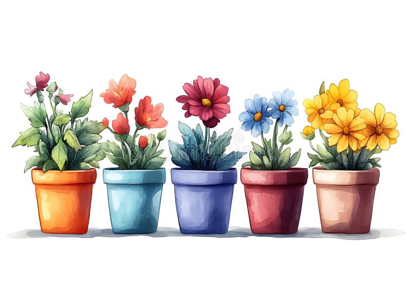 Cinci plante colorate în ghiveci sunt aranjate într-un rând. Fiecare pot pictat în vibrant royalty free illustration