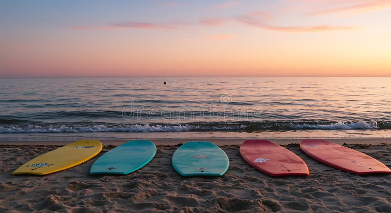 Cinci plăci de surf colorate sunt așezate pe o plajă de nisip cu oceanul în vector illustration