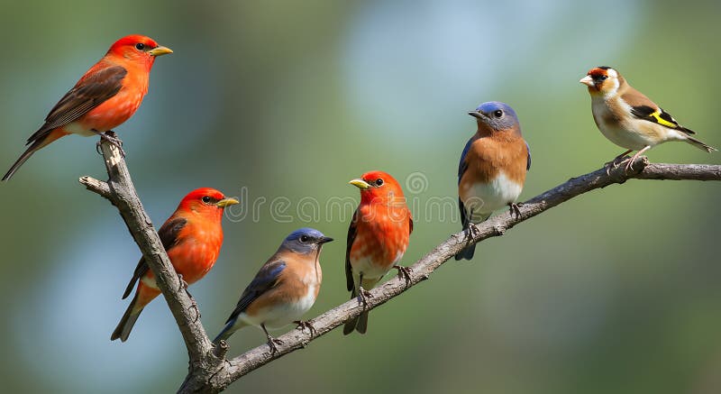 Cinci păsări colorate cocoțate pe o ramură. De la stânga la dreapta trei Scarlet Tanagers vector illustration