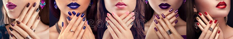 Cinci tipuri de design violet unghiilor. frumoasă femeie cu manichiură perfectă și bijuterii. modă stock image