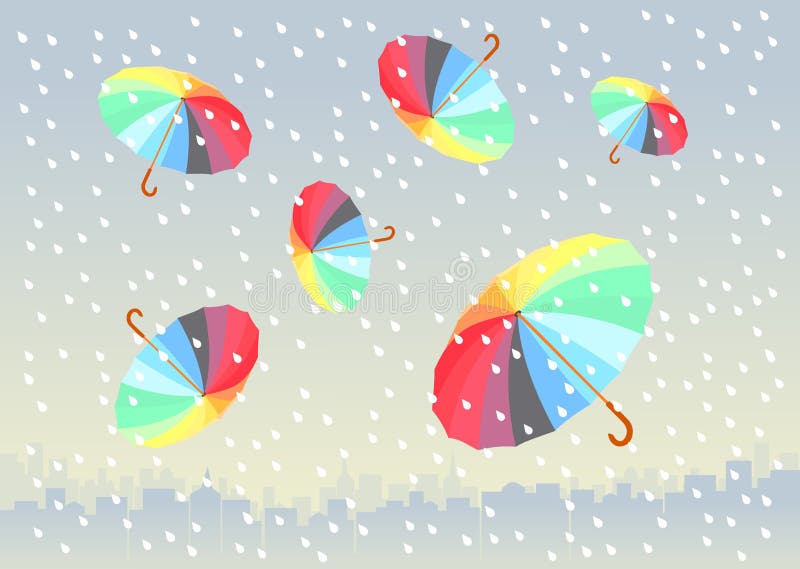 Cinci umbrele colorate care zboară sub oraș stock illustration