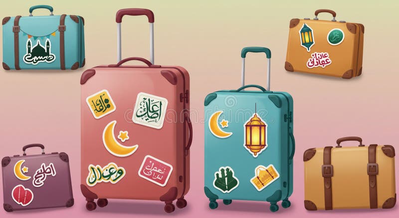 Cinci valize colorate de diferite dimensiuni prezintă autocolante cu tematică islamică, inclusiv vector illustration