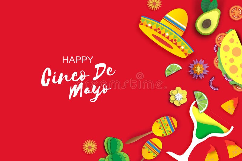 Cinco de mayo banner fericit. sombrero hat fan tacos. cozi și flori în hârtie tăiată. carnaval Mexic. cerc royalty free illustration