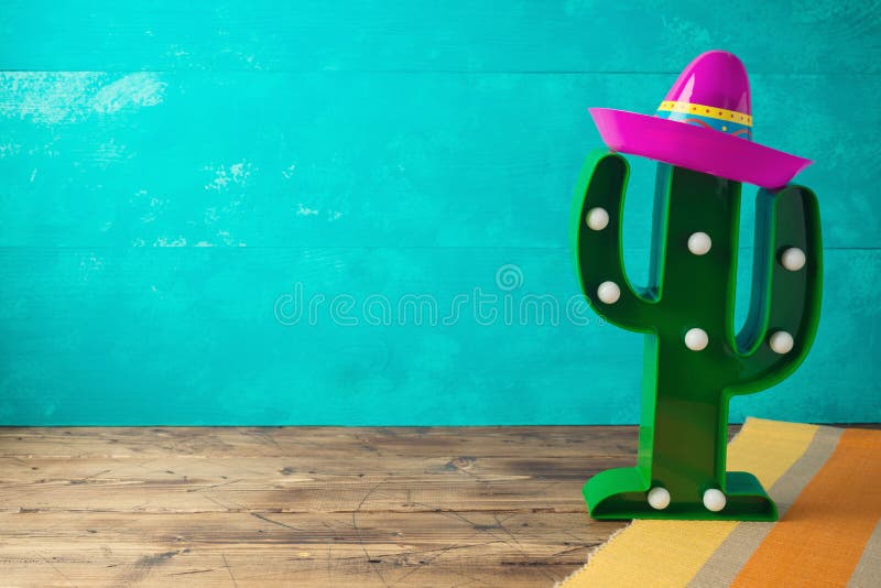 Cinco de Mayo-Feiertagshintergrund mit mexikanischem Kaktus- und Parteisombrerohut