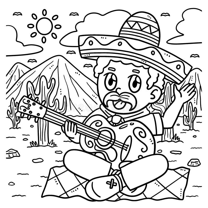 Cinco De Mayo Man Playing Guitar Coloring Page Stock Vector ...