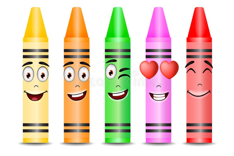 Cinco diversas mascotas del creyón del color con diversas expresiones faciales libre illustration