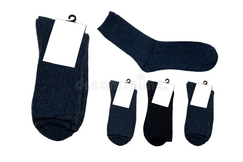 Five pairs of socks with label on white background. New socks with price tags. Socks on hooks. White labels. Isolated. Five pairs of socks with label on white background. New socks with price tags. Socks on hooks. White labels. Isolated.