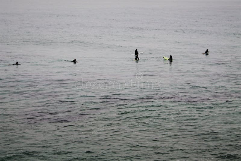 Cinco personas que practica surf que esperan una onda fotografía de archivo Cinco personas que practica surf que esperan una onda fotografía de archivo