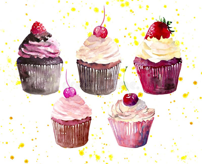Cinco queques saborosos saborosos deliciosos macios bonitos brilhantes da sobremesa do verão com a morango e a framboesa vermelha ilustração royalty free Cinco queques saborosos saborosos deliciosos macios bonitos brilhantes da sobremesa do verão com a morango e a framboesa vermelha ilustração royalty free