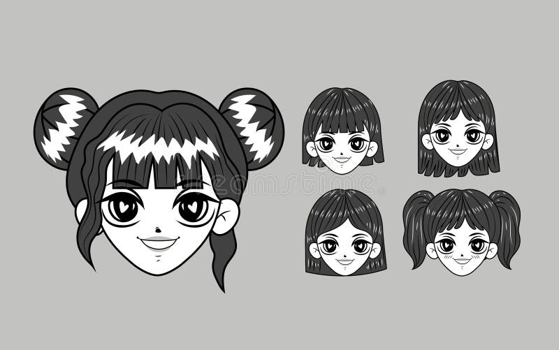 Expressões de anime rostos fofos de kawaii com olhos, lábios e nariz,  anatomia dos desenhos animados, garotas de mangá sorridentes, imagens  vetoriais exatas definidas isoladas