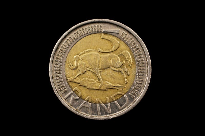 Cinco surafricanos Rand Coin Isolated On Black fotos de archivo libres de regalías Cinco surafricanos Rand Coin Isolated On Black fotos de archivo libres de regalías