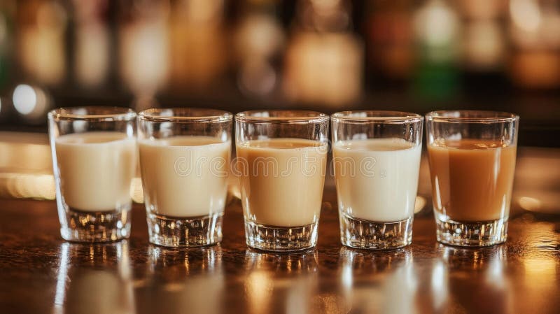 Cinco vasos de té chai dispuestos sobre una mesa de madera con un armario que capta el líquido ámbar y la textura del fotografía de archivo libre de regalías