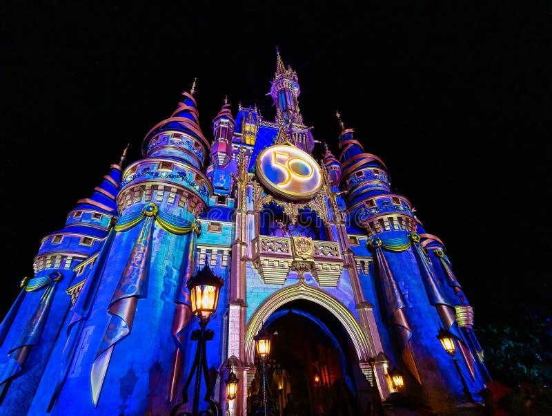 Cinderella Castle with night projections, with 50th medallion