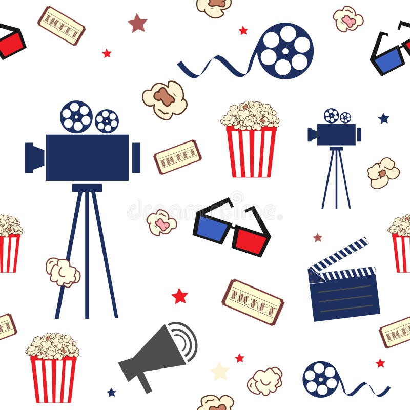 Cine Modelo inconsútil con los elementos de la película en estilo plano Cámara, boletos, palomitas, vidrios, y otro stock de ilustración