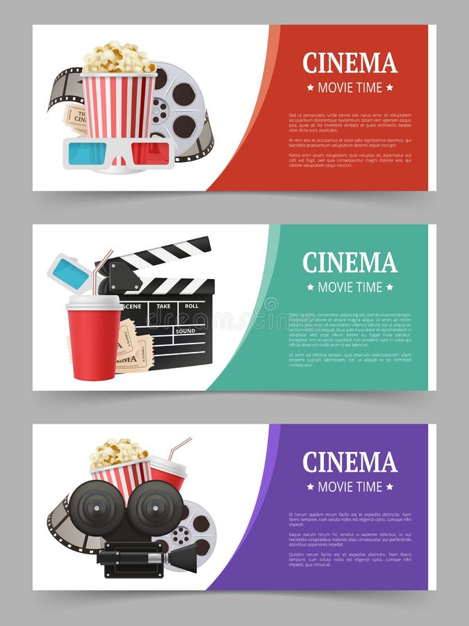 Cinema banners template. Movie flyer with film symbols camera tape stereo glasses vector realistic images stock illustration Cinema banners template. Movie flyer with film symbols camera tape stereo glasses vector realistic images stock illustration