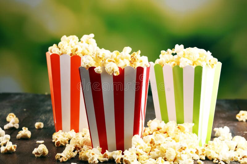 Cinema Concept with Popcorn in Green White Bag. Stock Image Image of