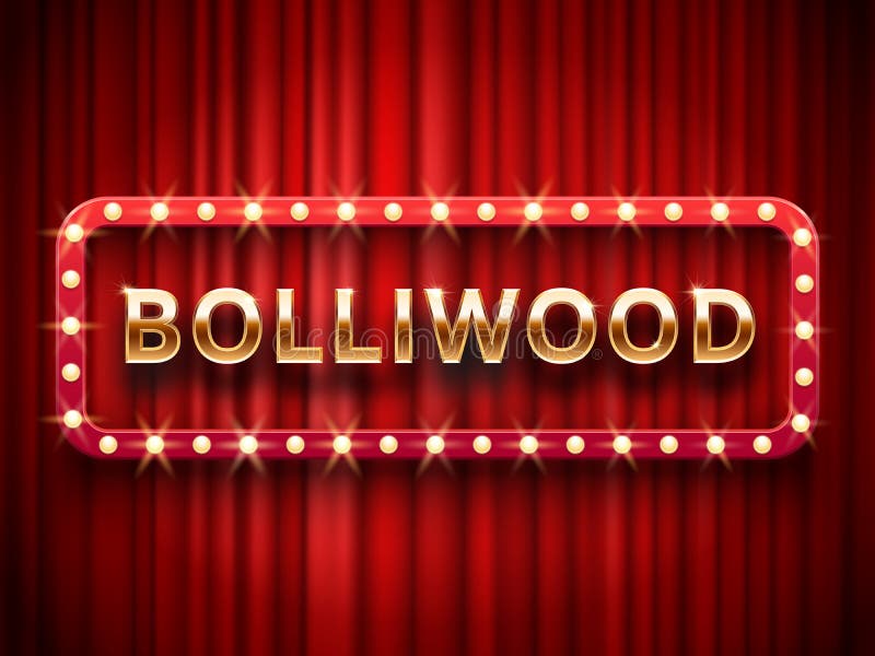 Bollywood cinema. Vintage indian movie, cinematography and theater poster. Welcome neon retro 3d classic film posters board gold logo on red curtains background realistic vector template illustration. Bollywood cinema. Vintage indian movie, cinematography and theater poster. Welcome neon retro 3d classic film posters board gold logo on red curtains background realistic vector template illustration