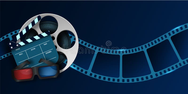Cinema Film Strip Wave, Film Reel and Clapper Board Isolated on Blue  Background. 3d Movie Flyer or Poster with Place for Your Text Stock  Illustration - Illustration of empty, decoration: 150292546