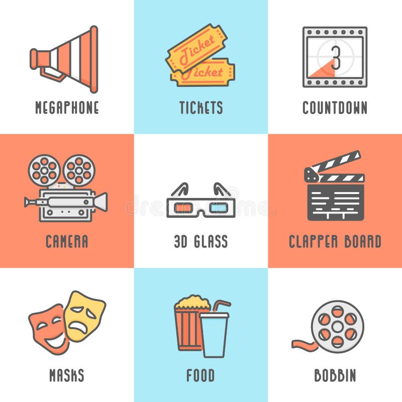 Cinema Icons Set (Megaphone, Tickets, Countdown, Camera, Clapper Board, Masks, Bobbin, Popcorn and Drink, 3D Glass). vector illustration Cinema Icons Set (Megaphone, Tickets, Countdown, Camera, Clapper Board, Masks, Bobbin, Popcorn and Drink, 3D Glass). vector illustration