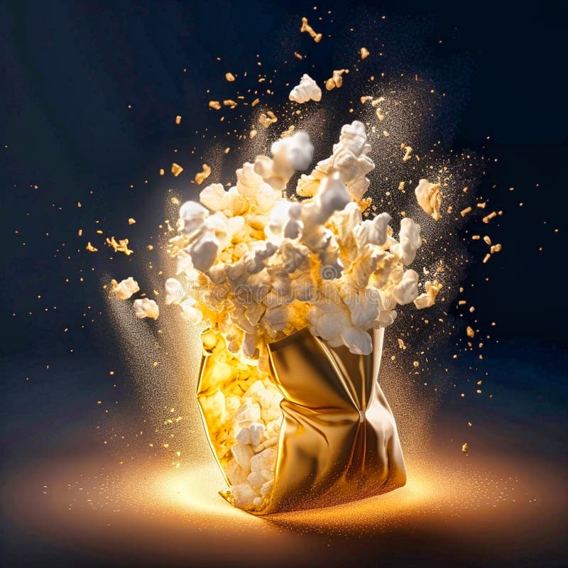 A Cinema Popcorn Bag Exploding with Golden Energy and Popcorn