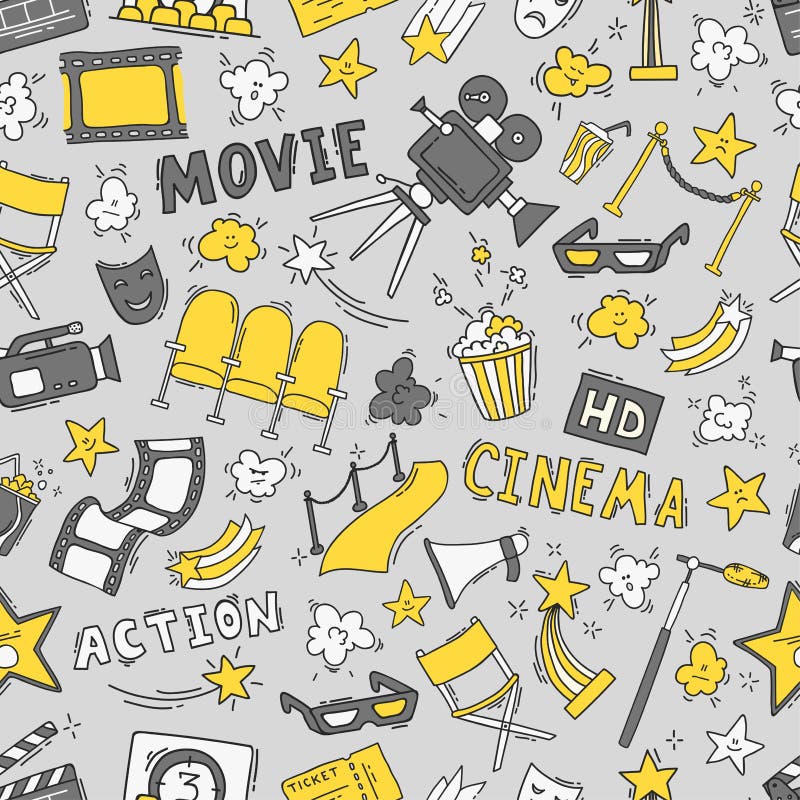Cinema seamless pattern with hand drawn elements stock illustration Cinema seamless pattern with hand drawn elements stock illustration