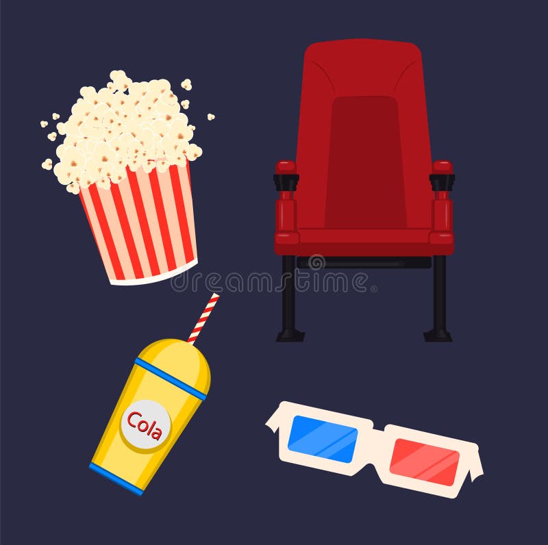 Cinema, un insieme di quattro icone Sedia del cinema, vetri 3d, popcorn e soda illustrazione vettoriale