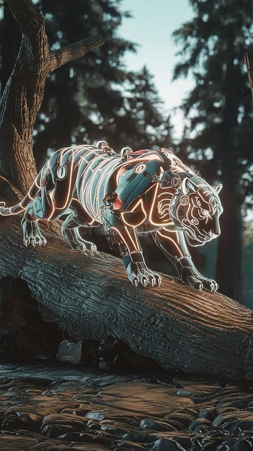 A cinematic, hyperrealistic image of a massive, glowing tiger on a tree surface stock illustration