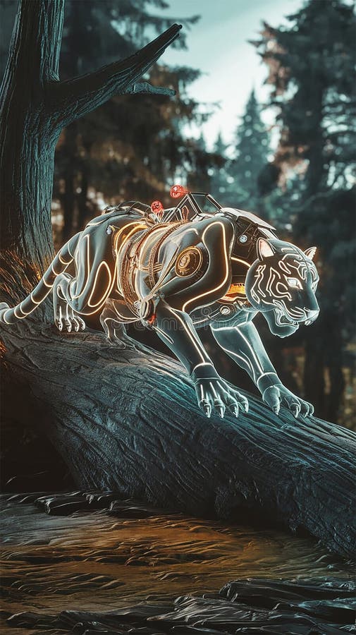 A cinematic, hyperrealistic image of a massive, glowing tiger on a tree surface royalty free illustration