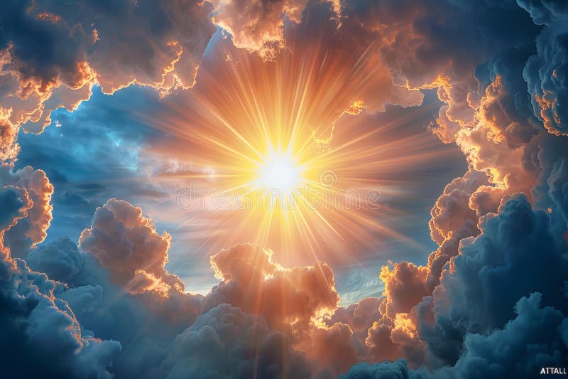 A cinematic shot of the sun breaking through clouds, with light shining on them and god rays. an epic and dramatic scene vector illustration