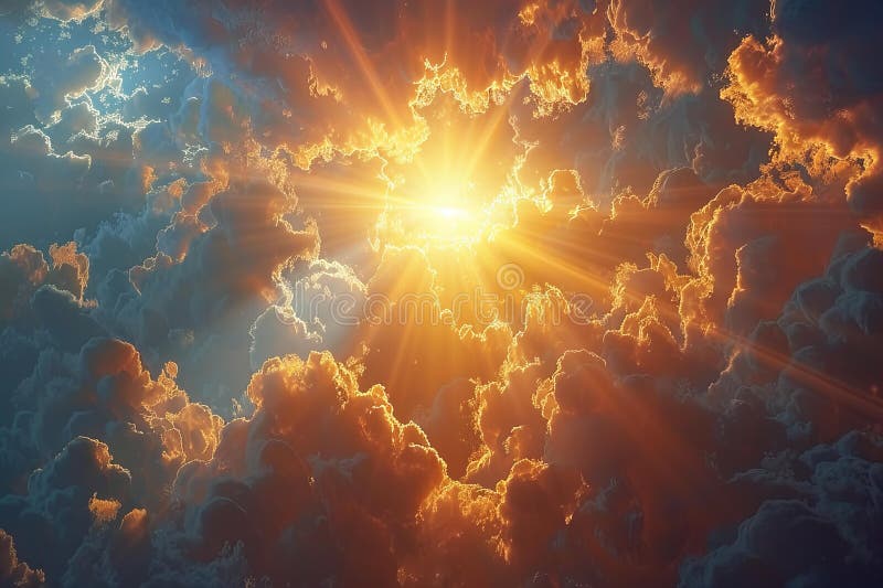 A cinematic shot of the sun breaking through clouds, with light shining on them and god rays. an epic and dramatic scene vector illustration