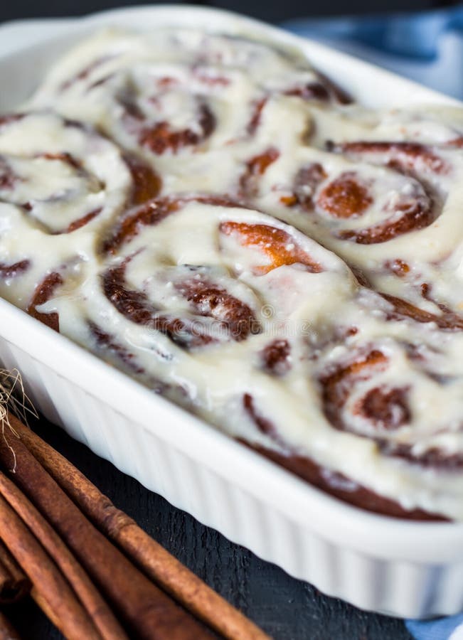 Cinnabon Buns with Cinnamon and Nuts in Baking Dish Stock Photo Image