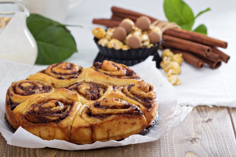 Cinnamon Buns with Chocolate and Cream Stock Photo Image of rise