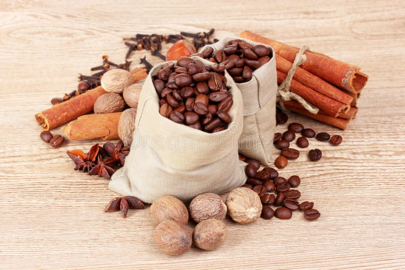 Cinnamon and Coffee on a Dark Cloth in Natural Sunlight Stock Image