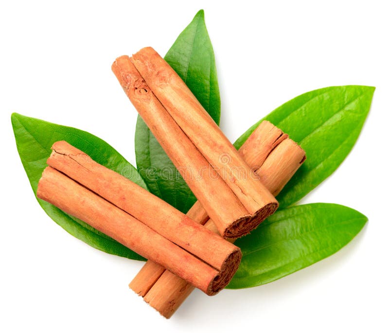 Cinnamon Sticks with Fresh Leaves Isolatd on the White Background, Top