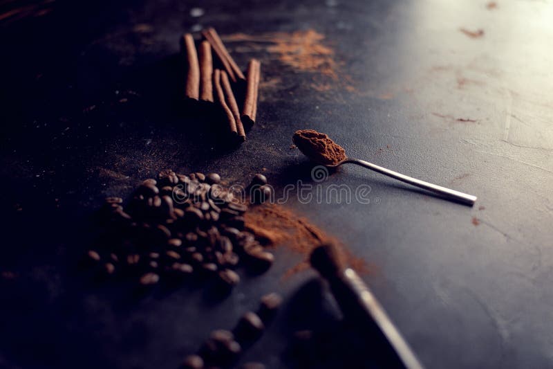 Cinnamon Sticks Powder in Spoons Coffee Beans Stock Image Image of