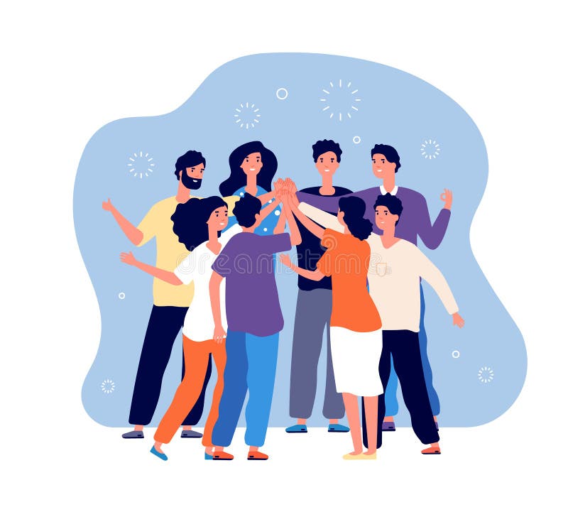 Cinq amis en haut Grande équipe de personnes faisant hauts cinq ensemble, groupe heureux d'ami, salutation informelle, commande illustration libre de droits