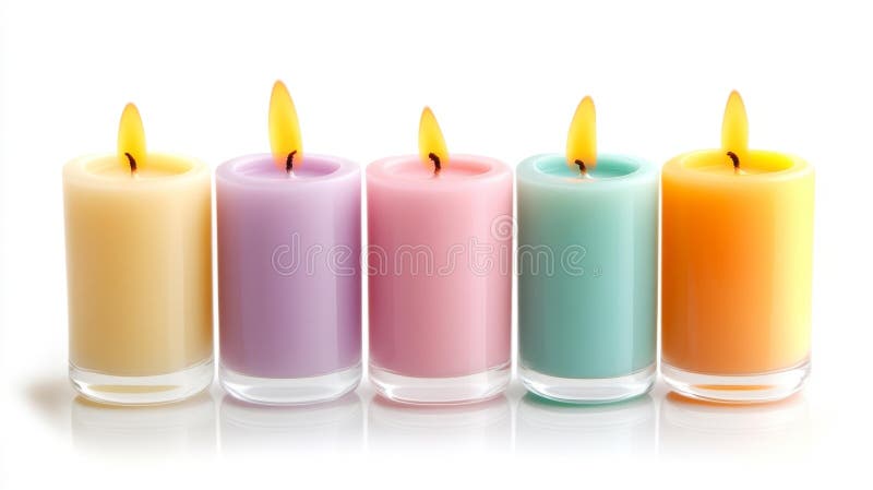 Cinq bougies colorées brûlant avec des flammes douces contre fond blanc illustration stock