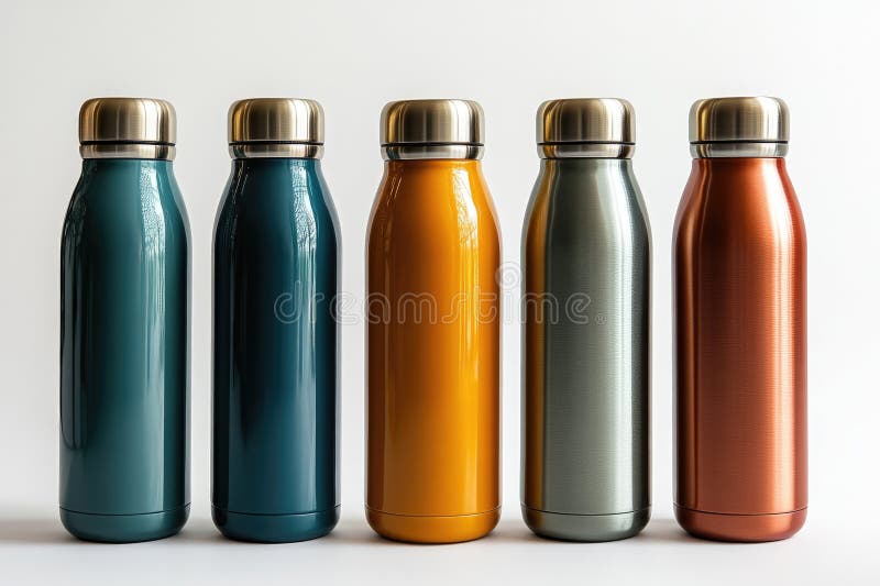Cinq bouteilles d'eau en métal coloré réutilisables debout dans une rangée sur fond blanc. Cinq bouteilles d'eau en métal coloré réutilisables sont debout sur fond blanc, favorisant l'hydratation et la durabilité