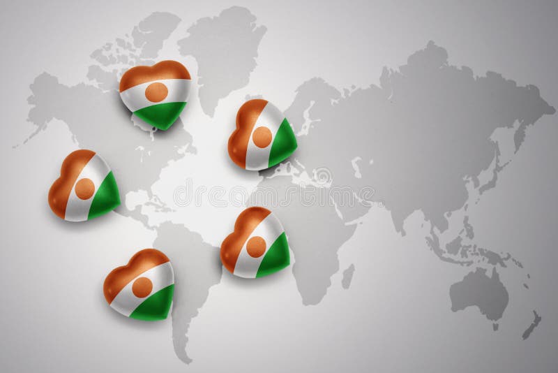 Cinq coeurs avec le drapeau national du Niger sur un fond de carte du monde illustration de vecteur Cinq coeurs avec le drapeau national du Niger sur un fond de carte du monde illustration de vecteur