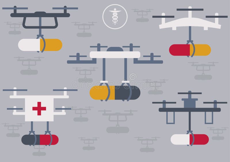 Cinq drones différents portent une pilule illustration de vecteur