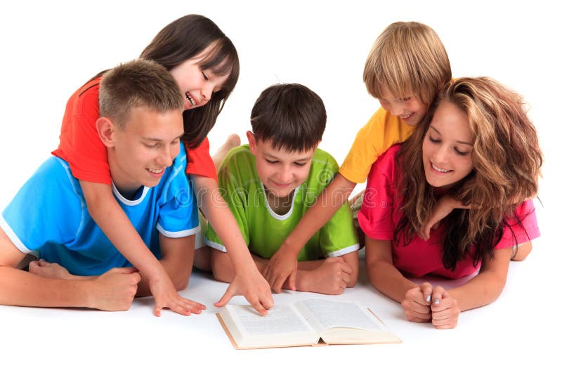 Five siblings reading a book together isolated against a white background. Five siblings reading a book together isolated against a white background.