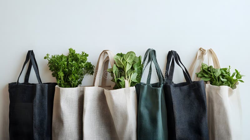 Cinq Sacs de magasinage réutilisables avec herbes fraîches sur fond blanc illustration de vecteur