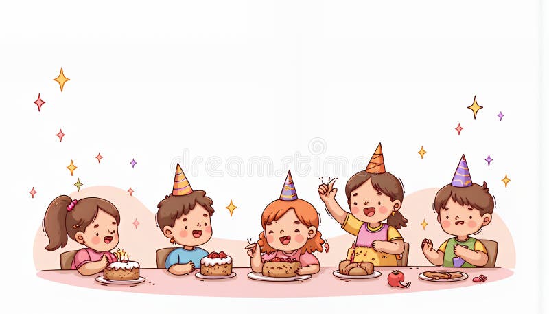 Cinque bambini Chibi allegri festeggiano il compleanno con una torta di fragole in uno stile stravagante coreano di animazione illustrazione di stock