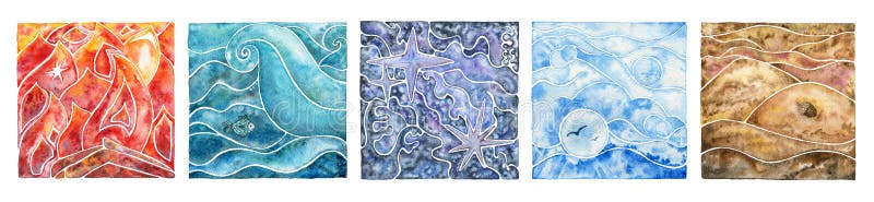 Cinque elementi naturali: fuoco, acqua, etere, aria e terra Composizione astratta nel mosaico con gli elementi naturali